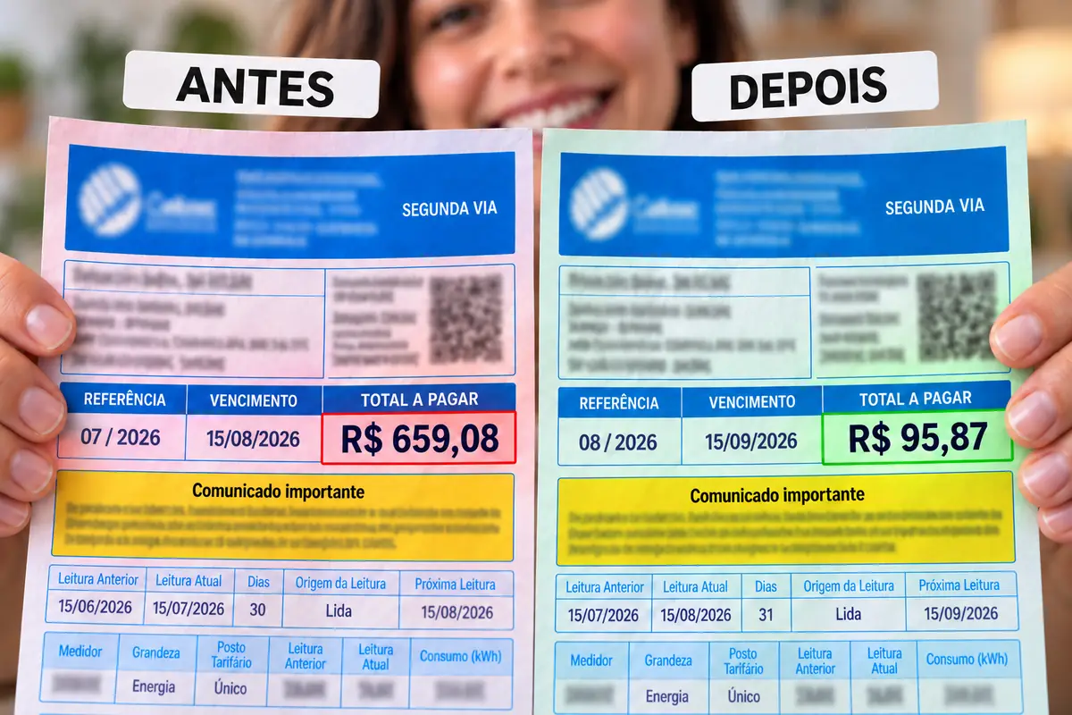 Comparativo de fatura antes e depois da energia solar: de R$ 659,08 para R$ 95,87